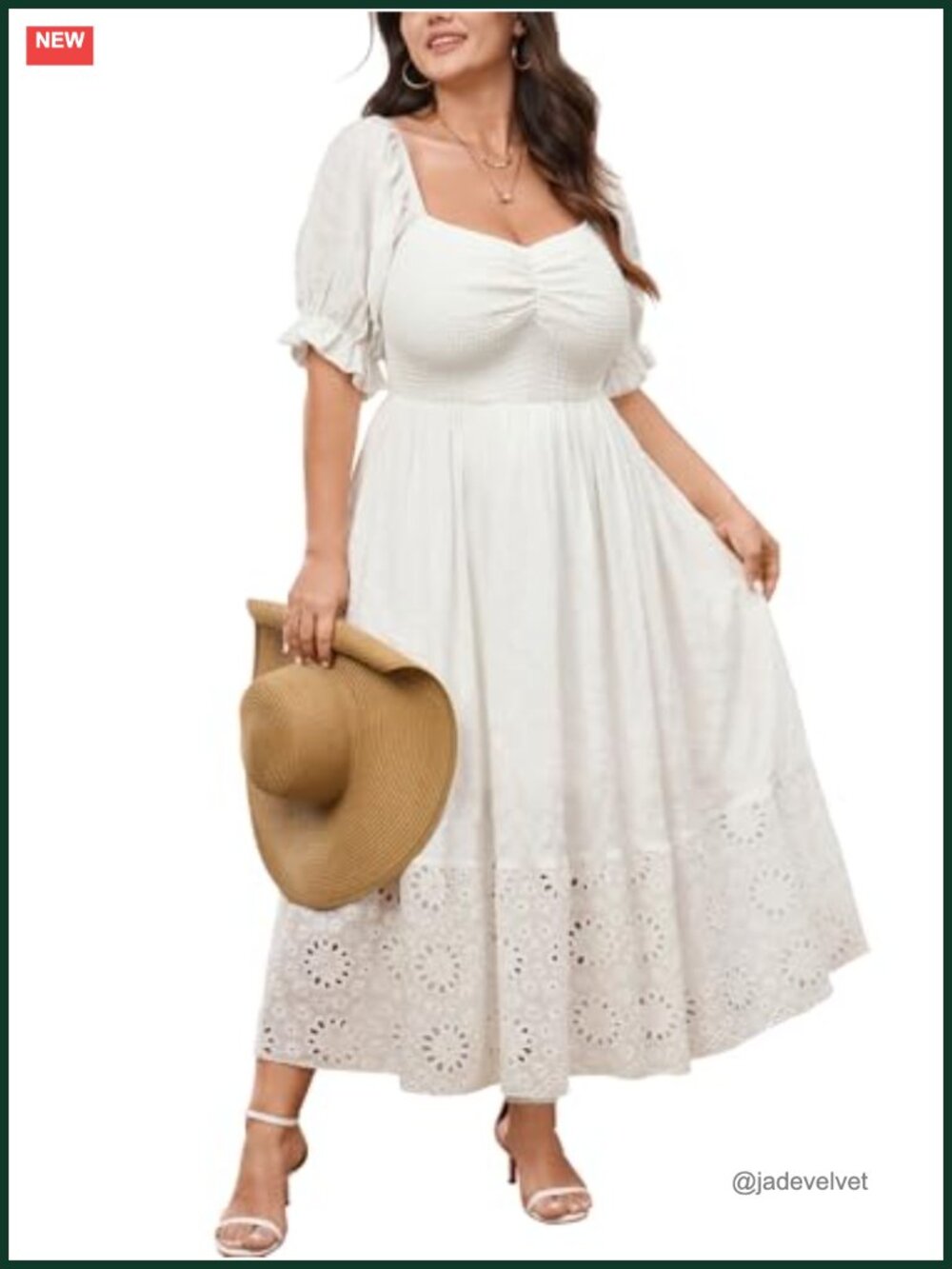 Plus Size White SCOMCHIC Maxi Dress Sweetheart Smocked Lace Eyelet Flowy Boho